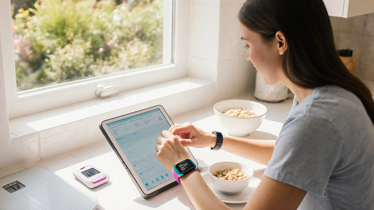 Adult taking a bi-colored diabetes tablet at breakfast, with glucometer and scale nearby.