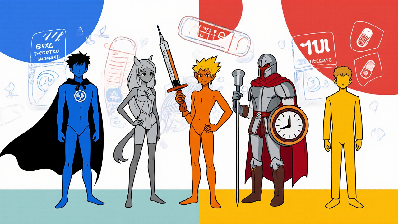 Anthropomorphic characters representing different anticoagulants standing together.