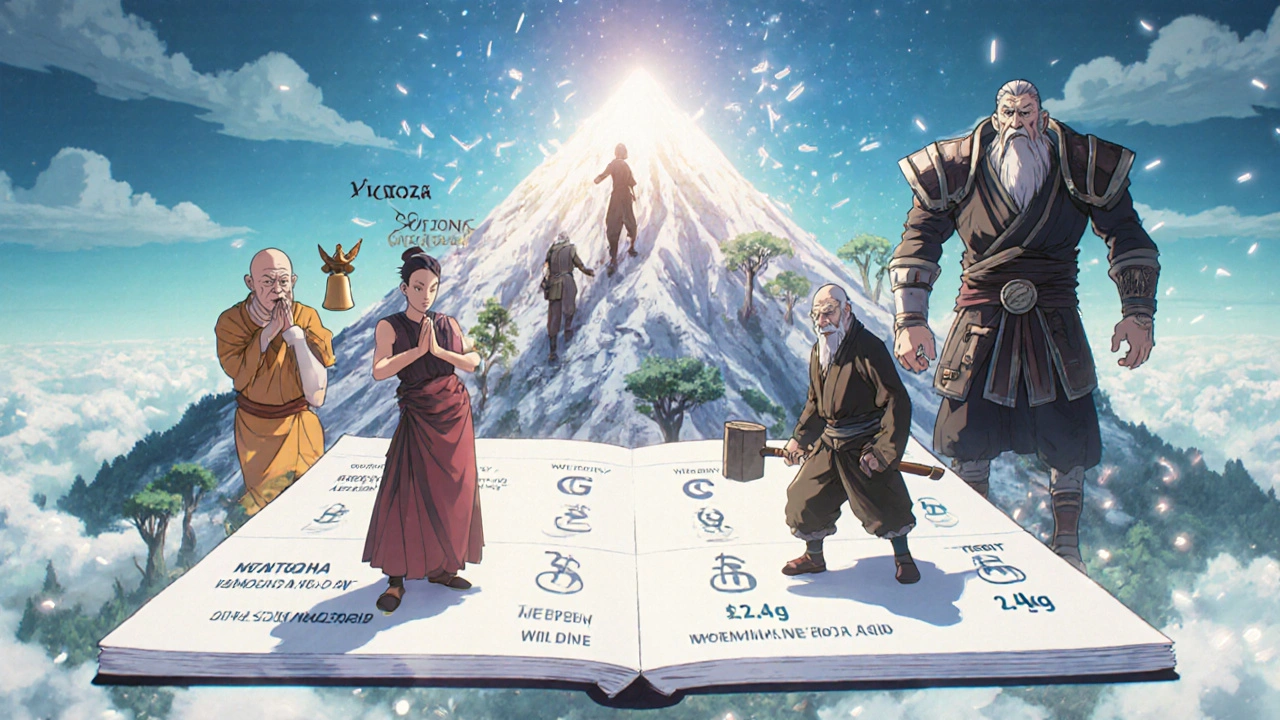 Anthropomorphic GLP-1 drugs as characters in a floating hologram comparison, Metformin as a humble sage.