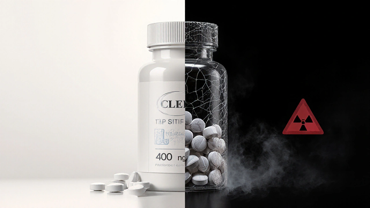 Contrast of genuine pill bottle versus counterfeit bottle with warning tones.