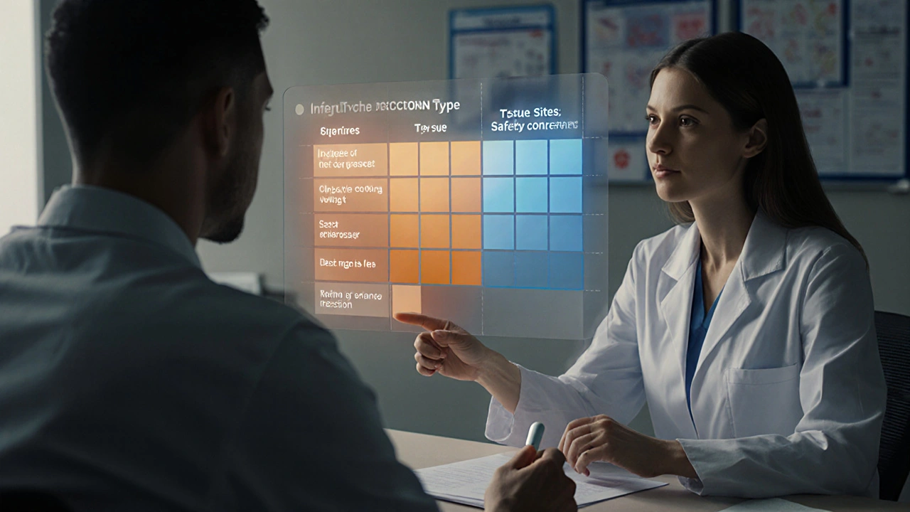 Doctor and patient reviewing a translucent decision matrix for antibiotics.