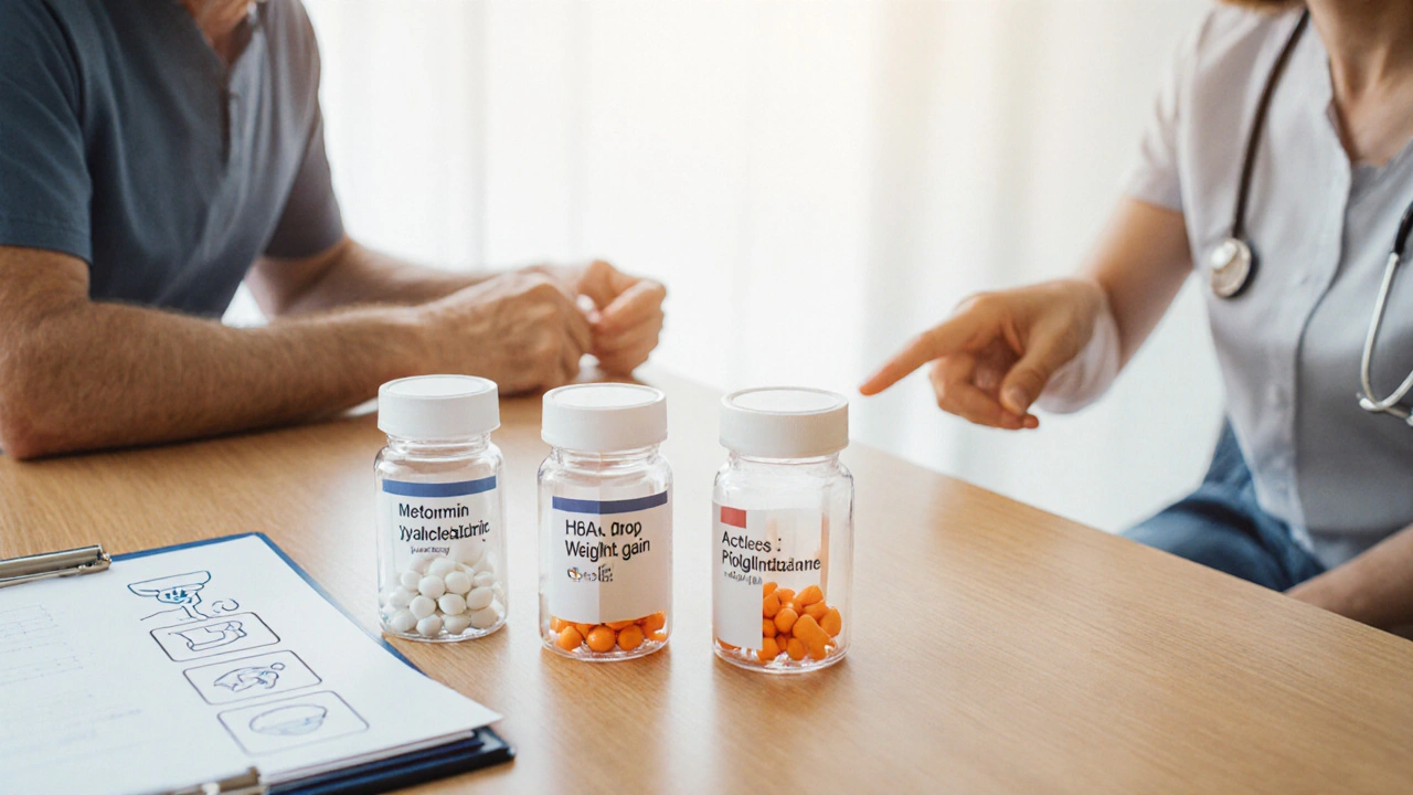 Doctor and patient reviewing three pill bottles—metformin, pioglitazone, and their combined tablet—in a clinic.