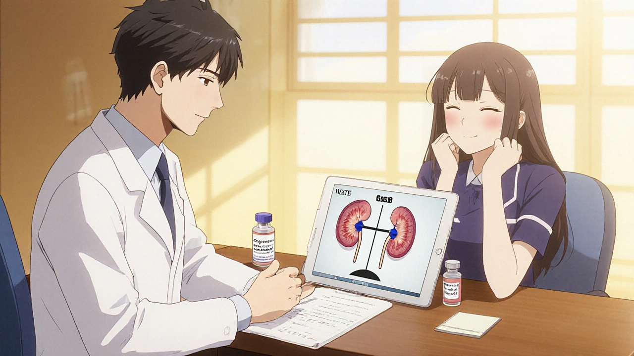 Doctor consulting patient with visual cues of cost, kidney function, and reversal agents.