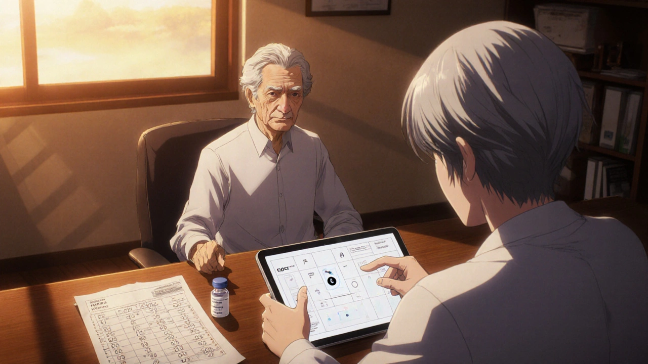 Elderly man consulting a doctor about a reduced trospium dose in a warmly lit office.