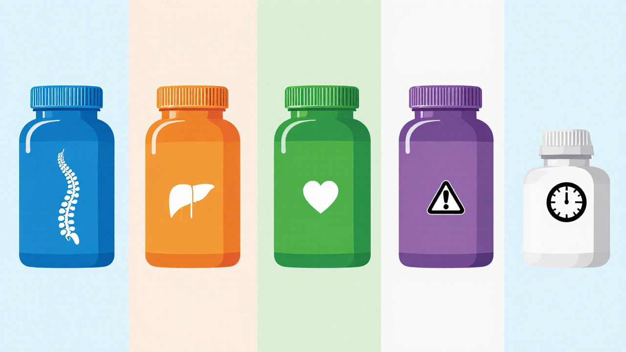 Five pill bottles representing different muscle relaxants surrounded by icons for their key traits.