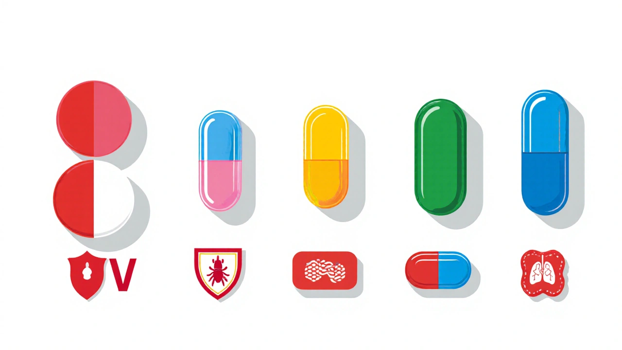 Flat illustration of seven colored antibiotic tablets and capsules with simple icons indicating their uses.