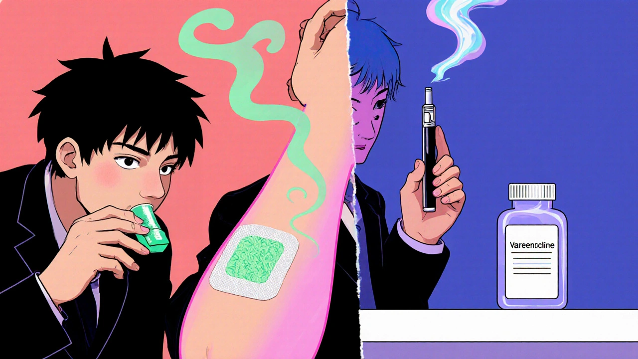 Four nicotine alternatives displayed: gum, patch, e‑cigarette, and prescription pills.