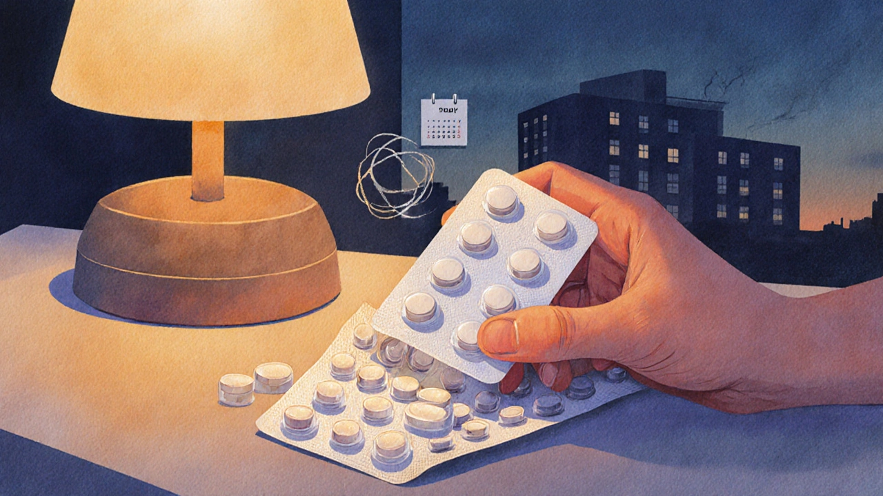 Hand holding a blister pack of tamoxifen pills under soft evening light.