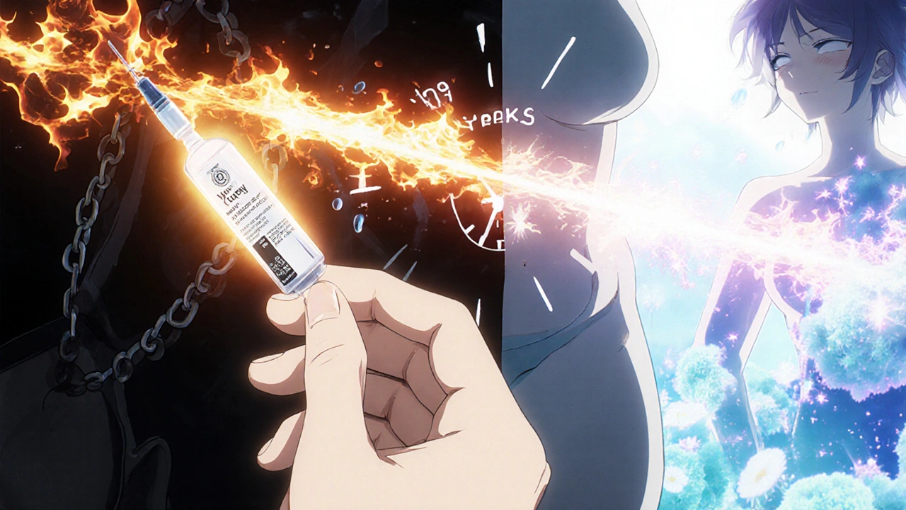 Hand injecting Wegovy with glowing GLP-1 trail turning fat into healthy cells, sunlight breaking through.