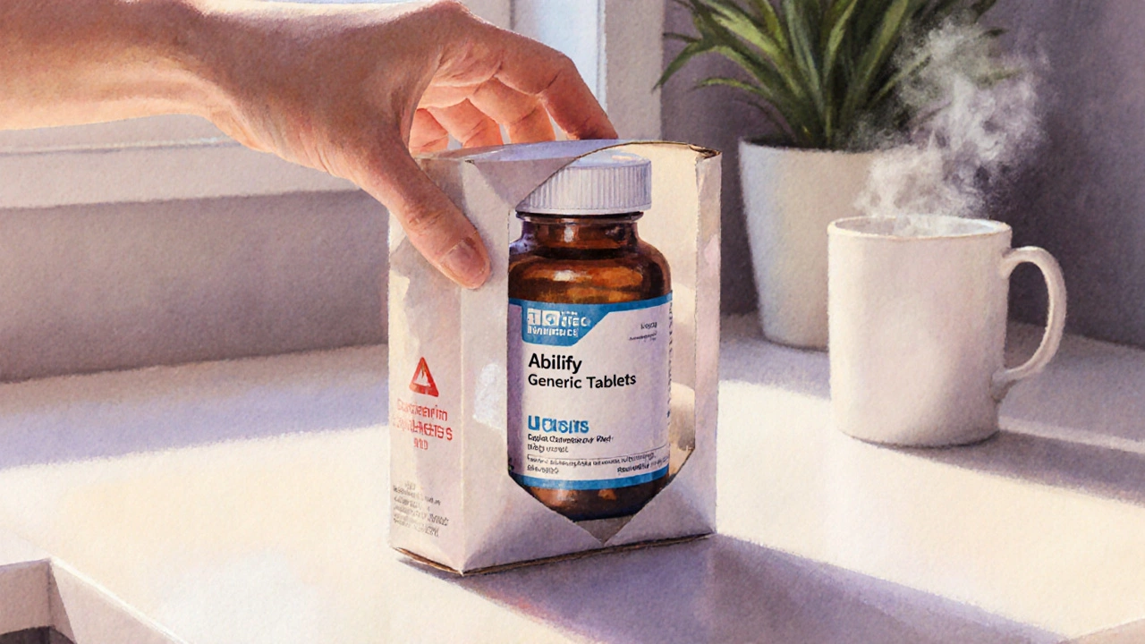 Hand opening a sealed parcel to reveal a generic Abilify bottle with label details.