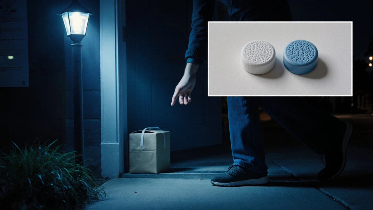 Hand receiving a discreet parcel of authentic bupropion pills, with counterfeit comparison.
