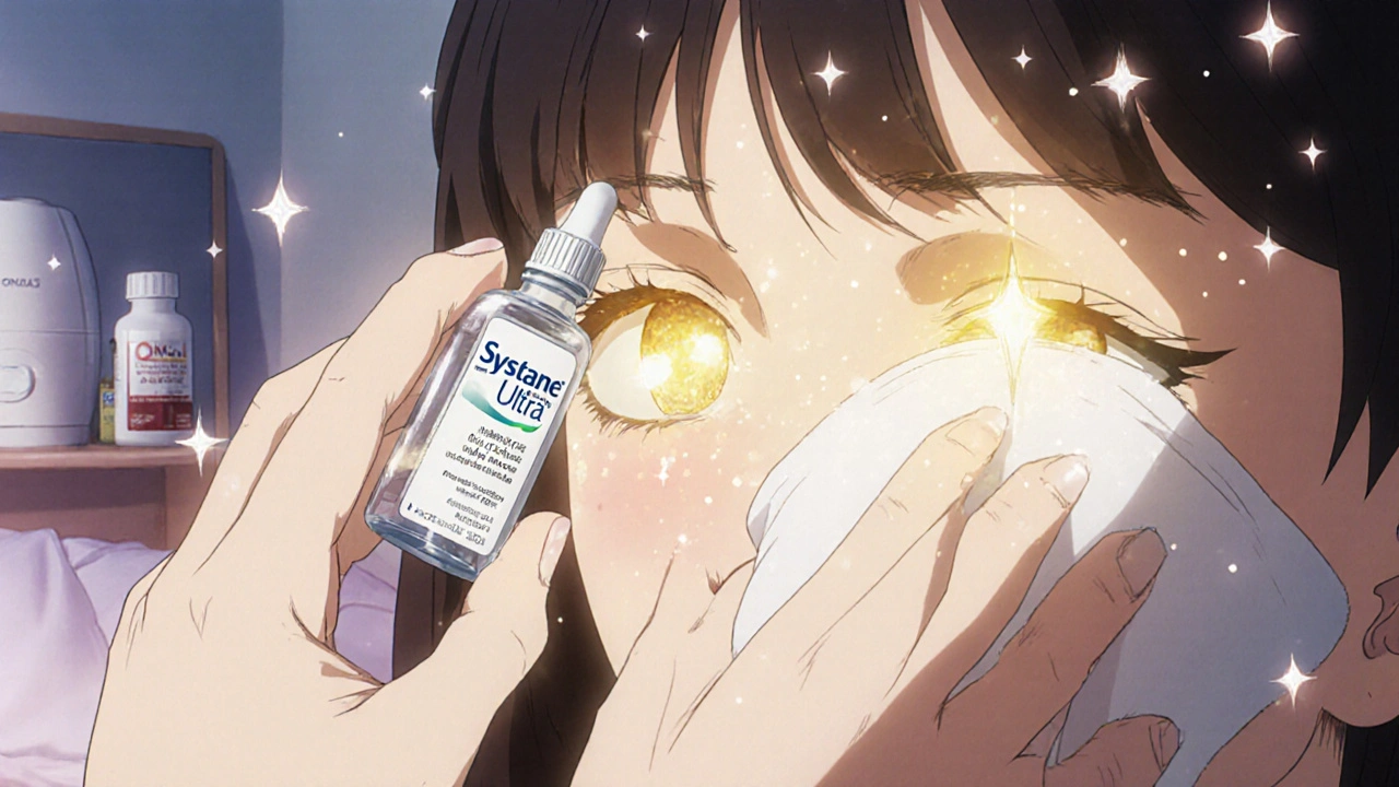 Hands applying preservative-free eye drops and a warm compress, with glowing tear film and floating lipid particles.