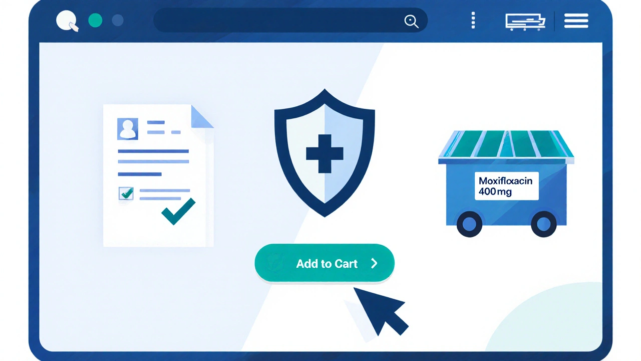 Illustrated online pharmacy page with prescription upload and verification icons.