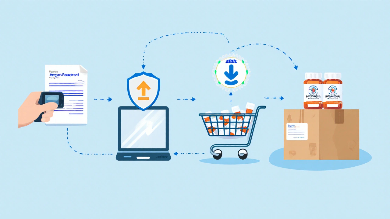 Illustrated steps of uploading a prescription, ordering, and packaging generic bupropion.