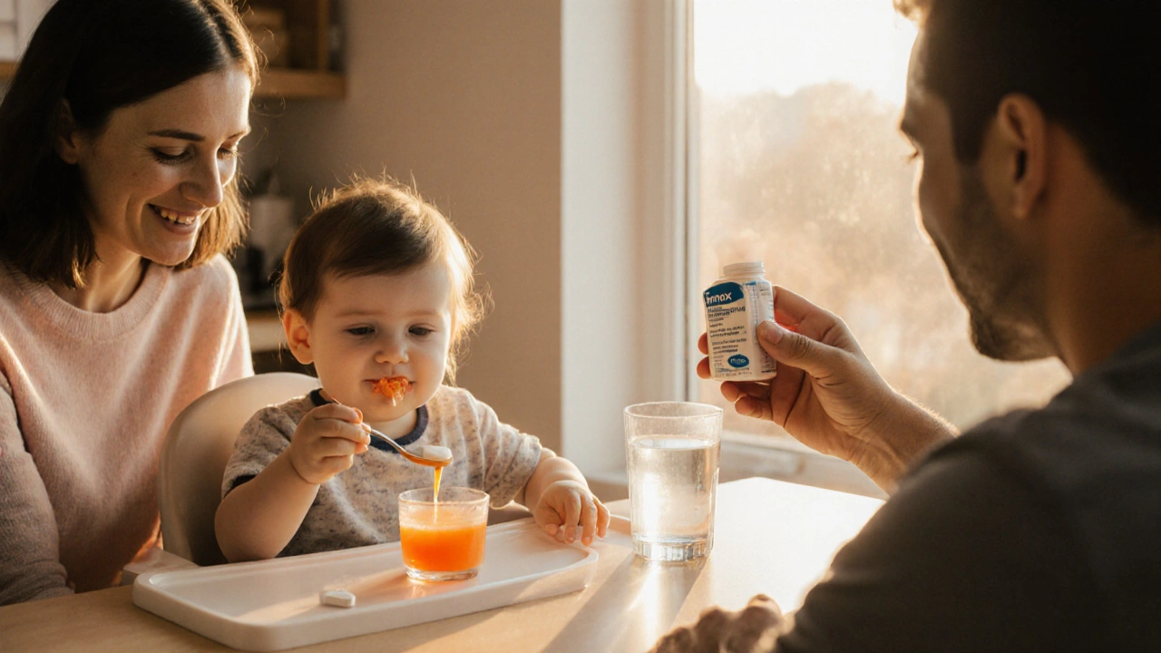 Mother giving a child Trimox liquid while father holds an azithromycin tablet in a cozy kitchen.