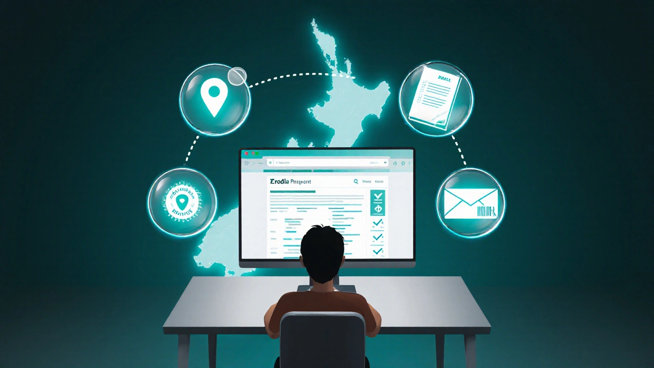 Person at laptop checking an online pharmacy with floating verification icons.