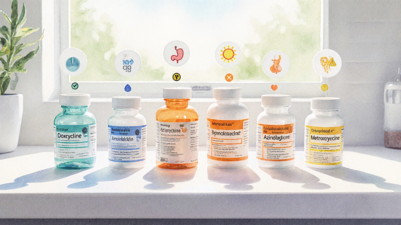 Pharmacy counter showing six antibiotic bottles with side‑effect icons.