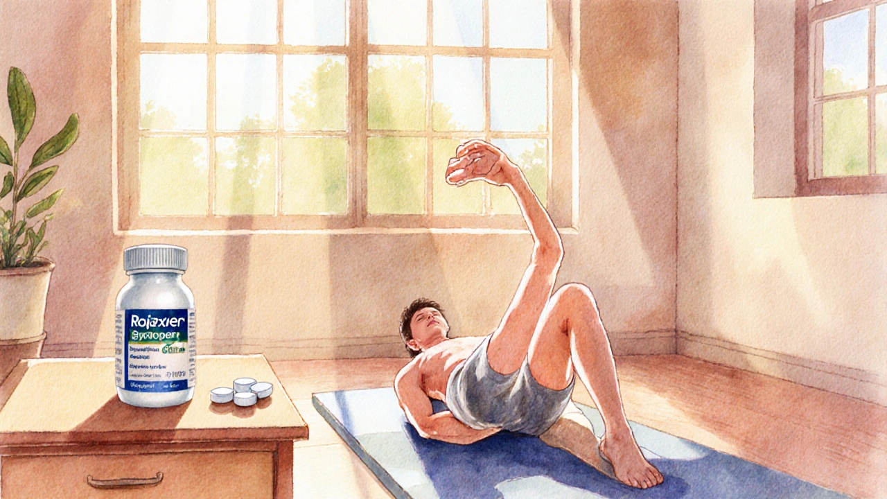 Physical therapy scene with patient stretching, ibuprofen bottle, and Robaxin tablet nearby.