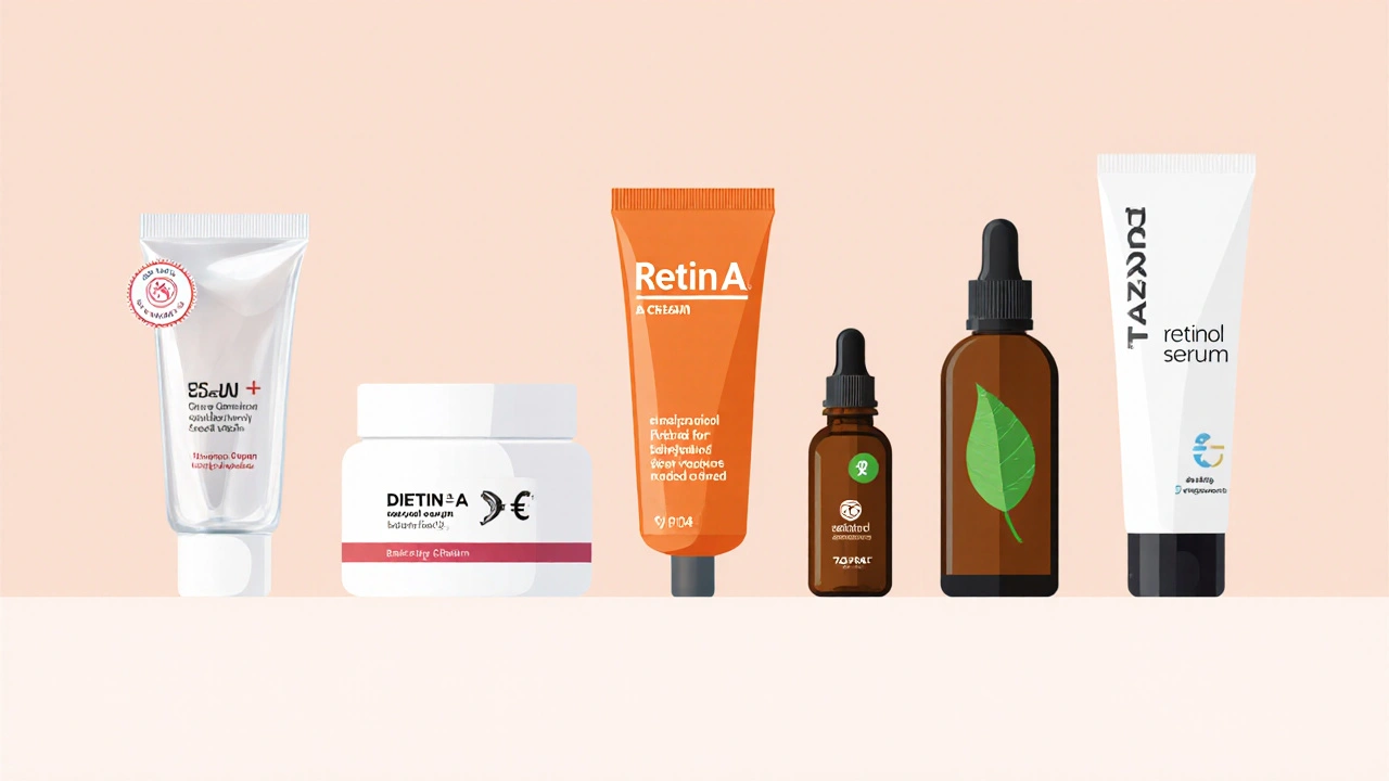 Row of different retinoid containers — cream, gel, serum — displayed on a neutral surface.