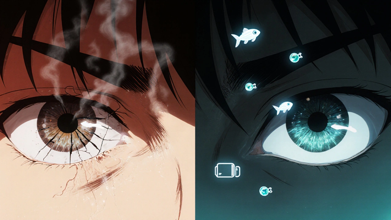 Split image of a dry, damaged eye transforming into a healthy, glowing eye with healing symbols.