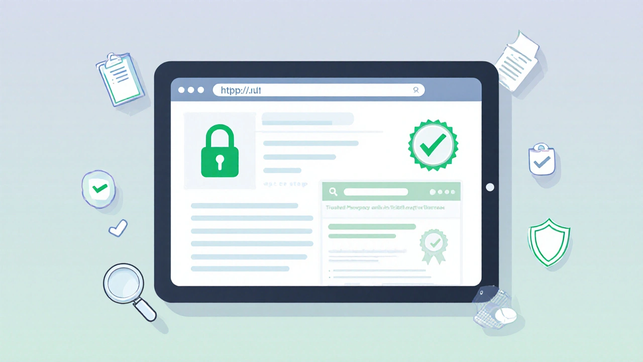Tablet screen showing secure pharmacy site with verification icons.