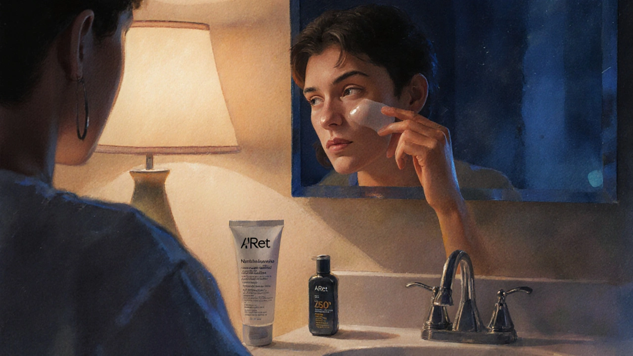 Young adult applying A‑Ret gel at night, followed by moisturizer and sunscreen.