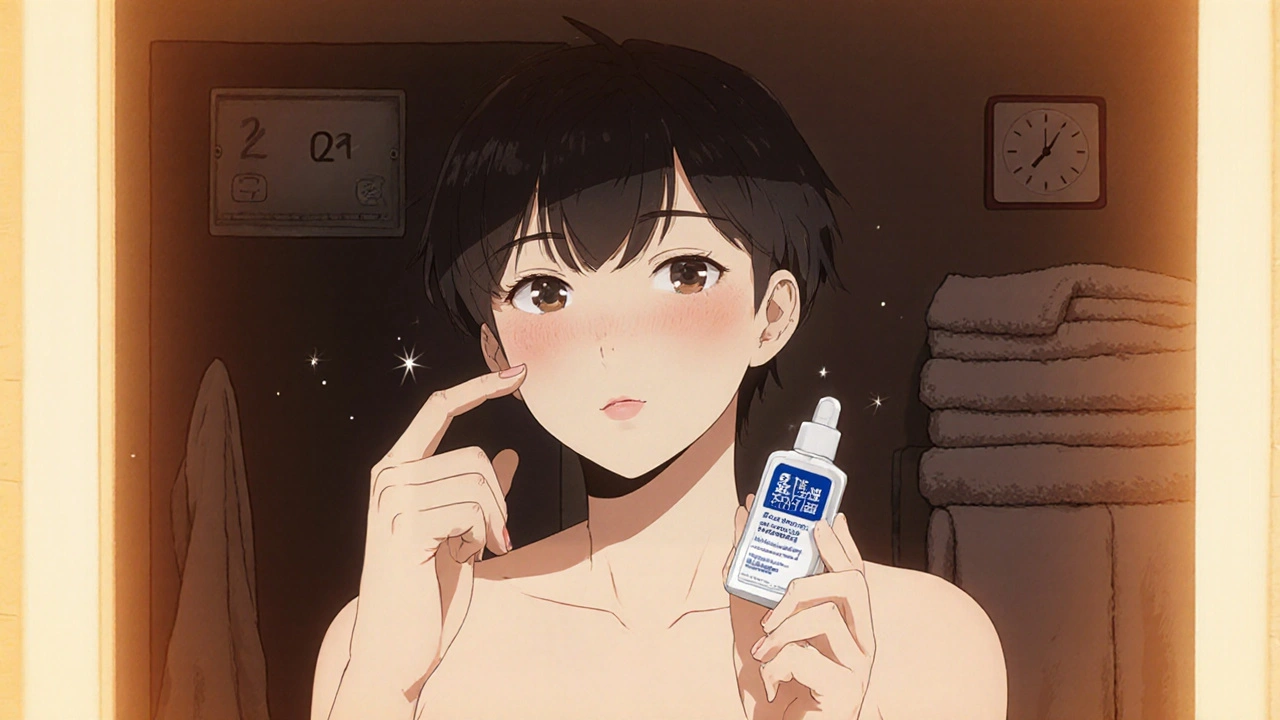 Young adult applying Benzac AC Gel in mirror, holding Azelaic Acid bottle, looking confident.