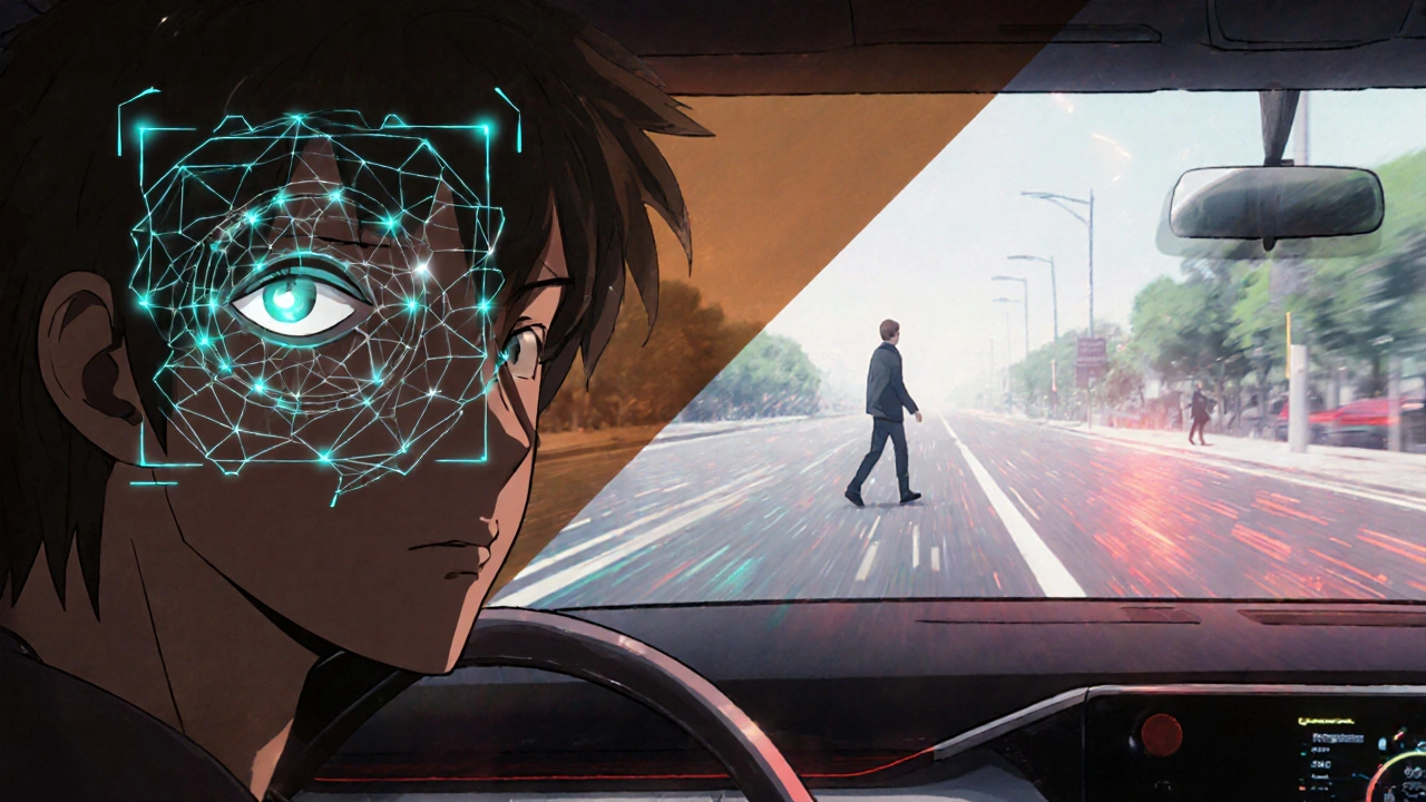 A car&#039;s interior with holographic sensors detecting driver impairment, outside view shows a pedestrian in danger.