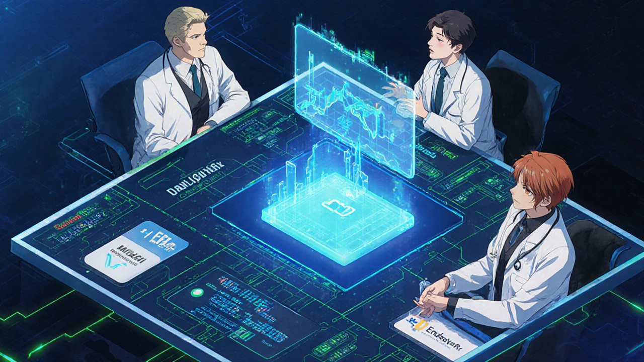 A clinic dashboard showing interconnected digital therapeutics and patient biometrics with FDA approval.