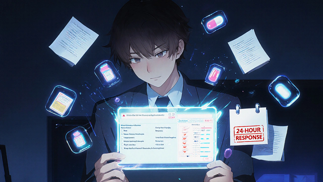 A clinic safety officer reviews a digital report with glowing alerts showing medication dosage errors and pill images.