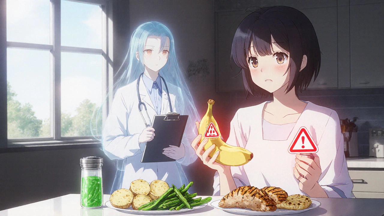 A patient choosing safe foods over high-potassium items, with a dietitian figure guiding them.