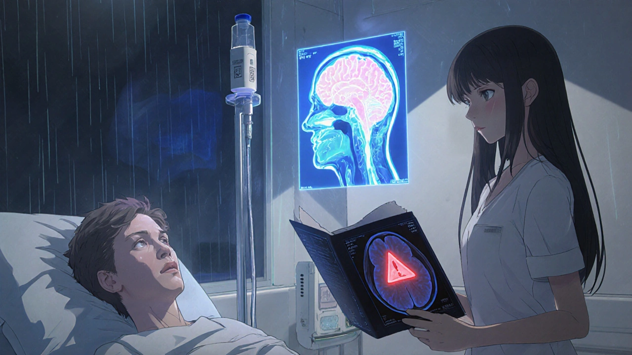 A patient receiving Alzheimer’s treatment as a hologram shows plaques dissolving in their brain.