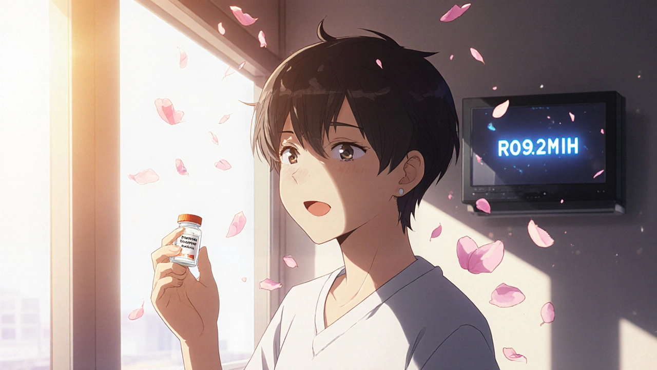 A patient smiles holding baclofen as hiccups fade into petals, with a medical code glowing on a monitor.