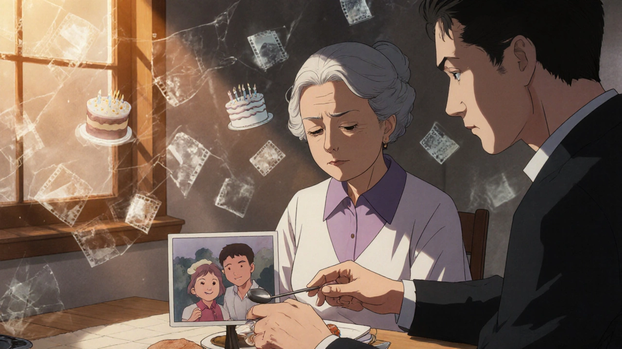 A woman at a kitchen table staring at a photo as fading memories hover around her.