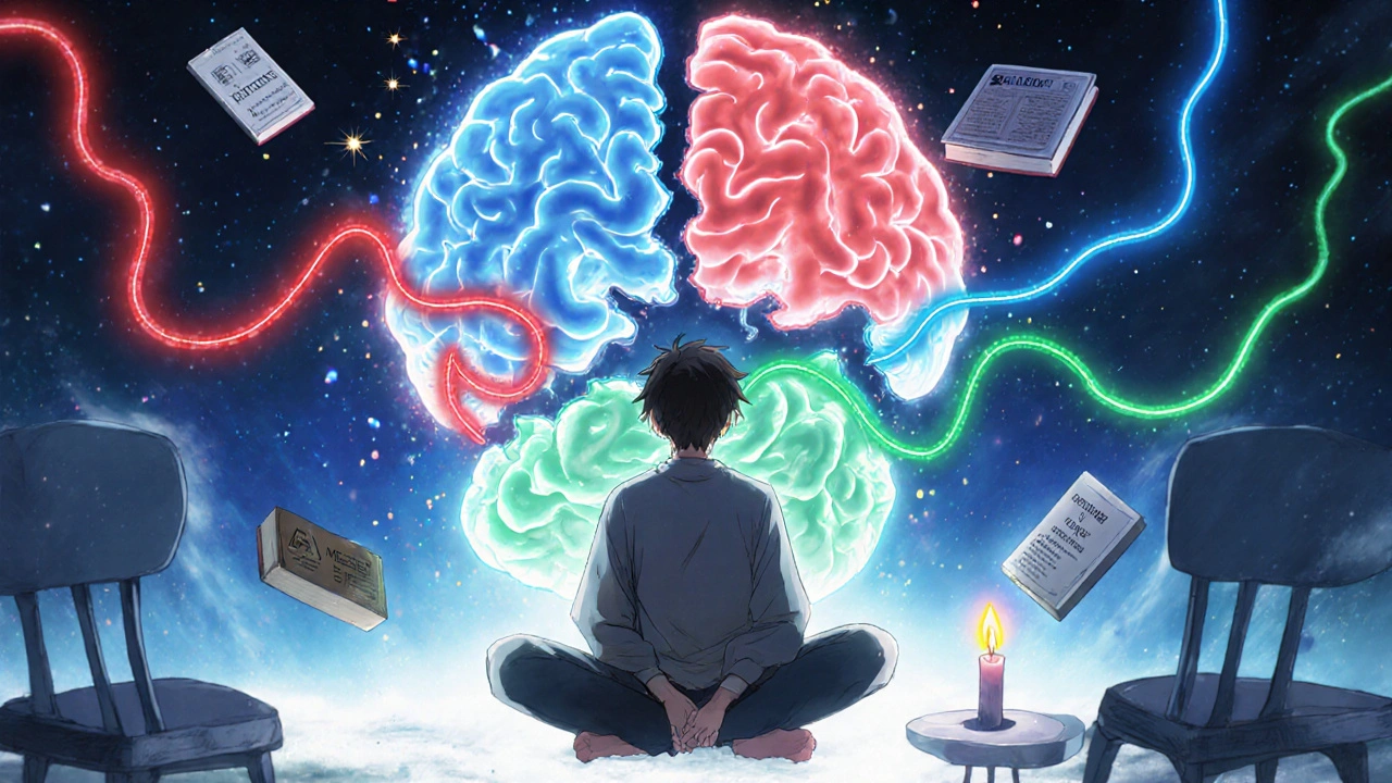 Abstract brain landscape with healing pathways and recovery symbols, representing medication-assisted therapy.