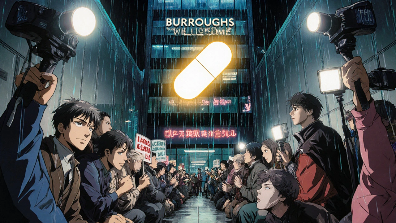 Activists protesting at the FDA with zidovudine pill glowing in mid-air during rain.