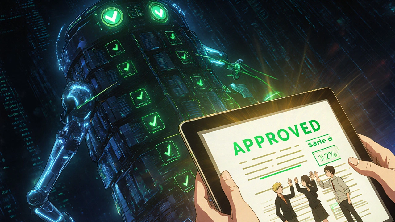 AI system scanning drug applications with glowing checkmarks and rejected files