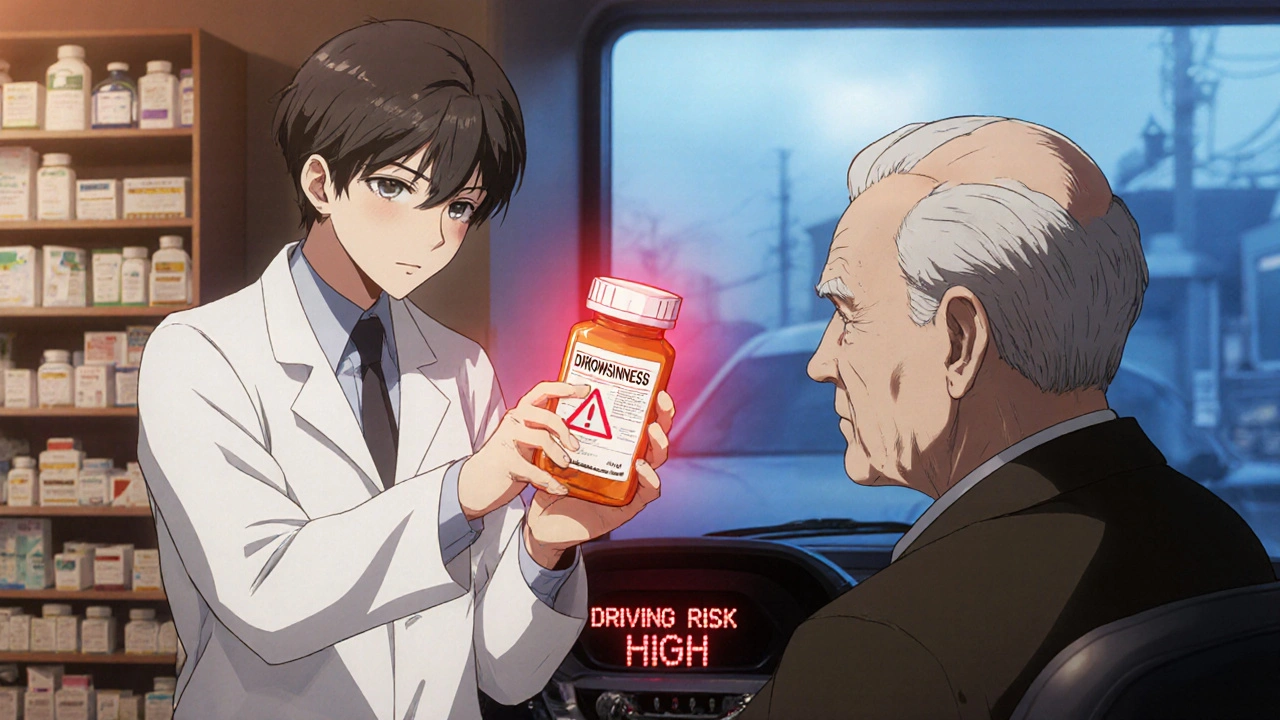 An elderly man receiving a prescription from a pharmacist, with a glowing warning symbol above the bottle.