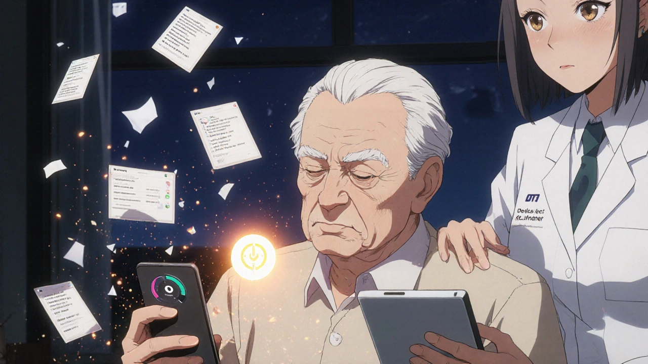 An elderly person struggling with a confusing app, while a healthcare navigator offers supportive guidance.