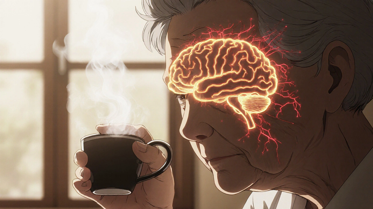 An elderly woman drinks coffee steadily, with glowing brain pathways showing medication at work in soft morning light.