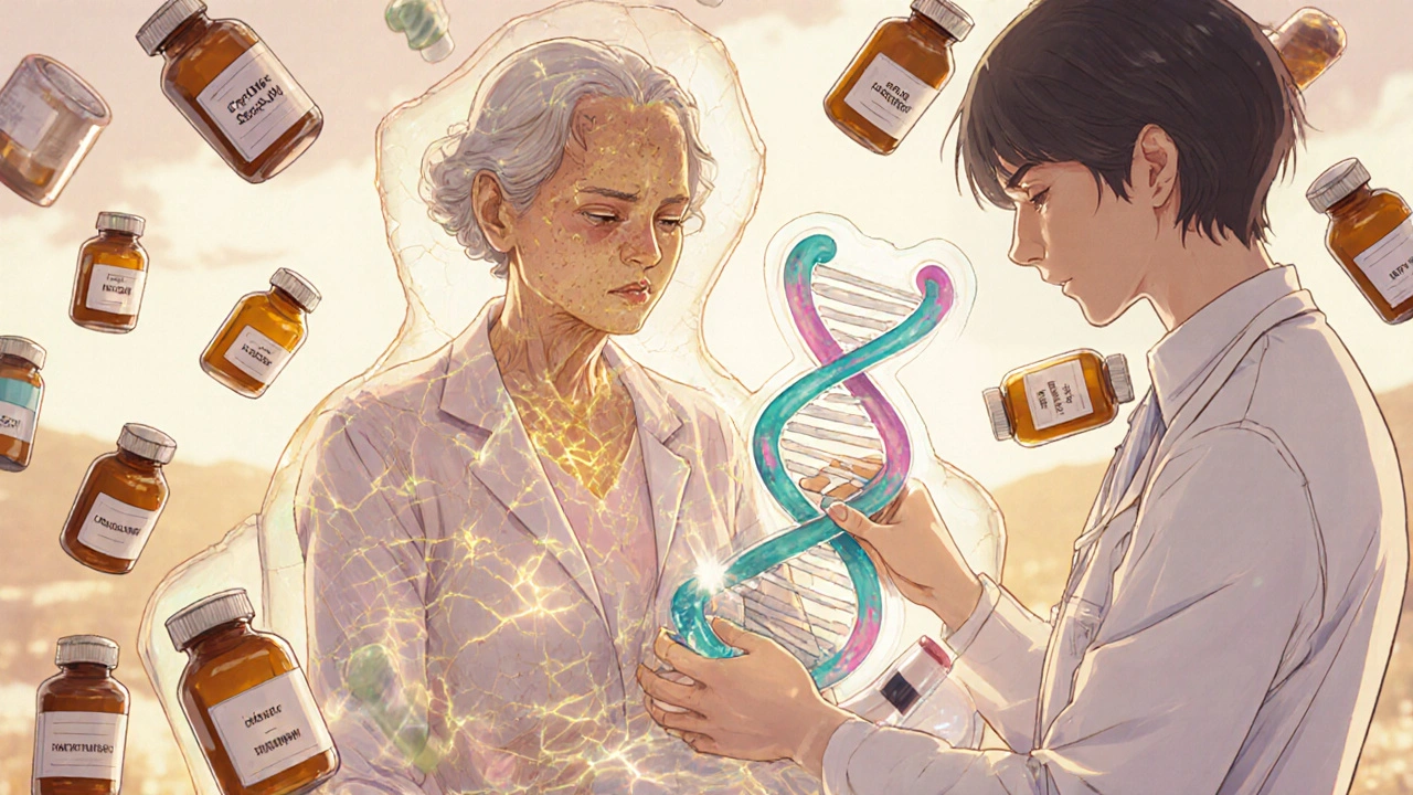 An elderly woman with floating medications and a DNA helix nearby, symbolizing personalized drug response.