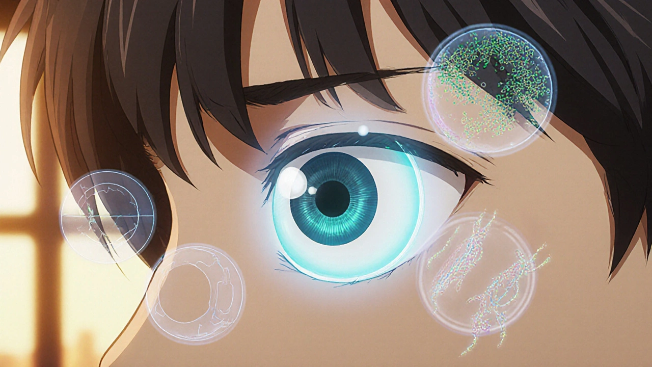 Close-up of an eye with a glowing scleral lens floating over a cornea, saline fluid glowing beneath.