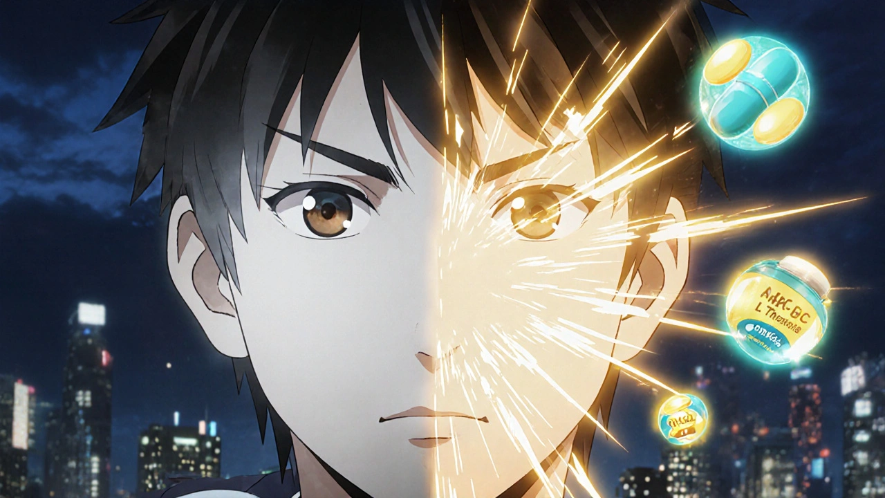 Developer at desk with contrasting gray fatigue aura and vibrant energy aura from nootropic supplements.