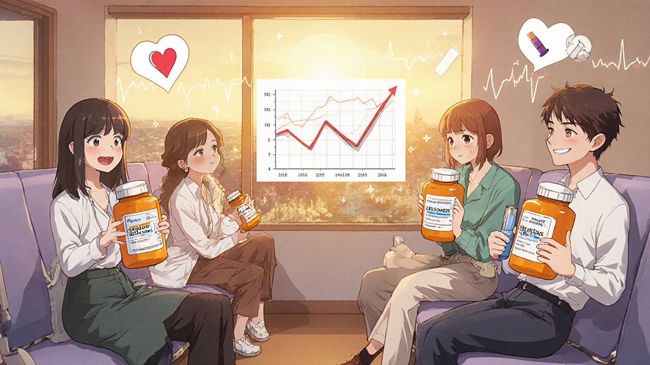 Diverse patients in clinic holding medication bottles, some smiling with authorized generics as price graph fades behind them.