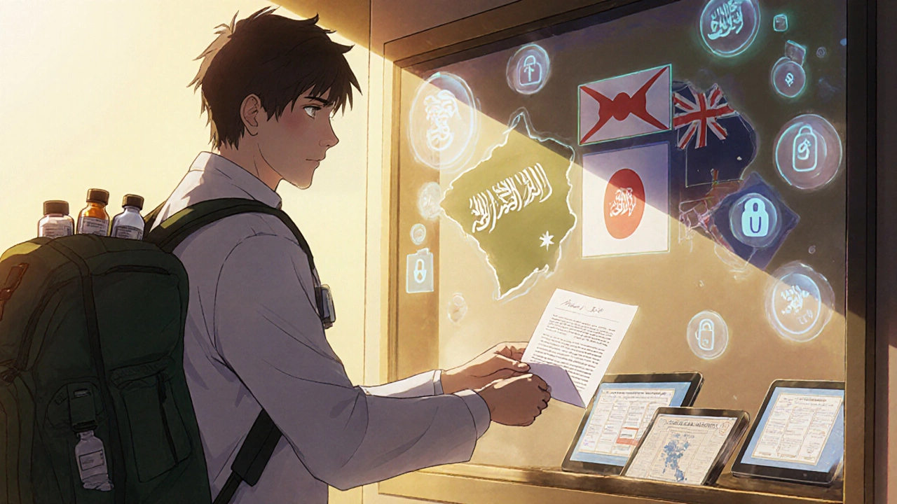 Doctor giving signed letter to traveler with international flags projected in background.