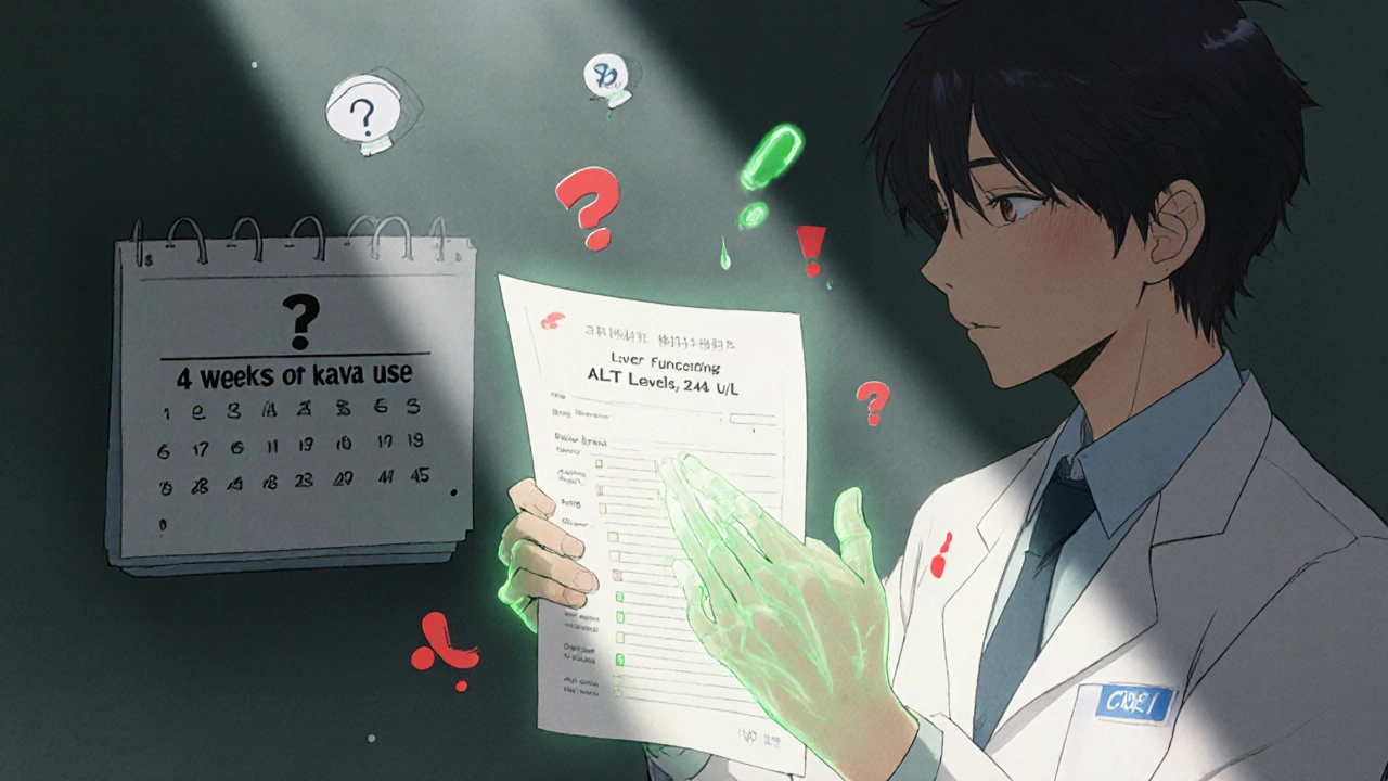 Doctor showing liver test results to patient with glowing kava and medication symbols.