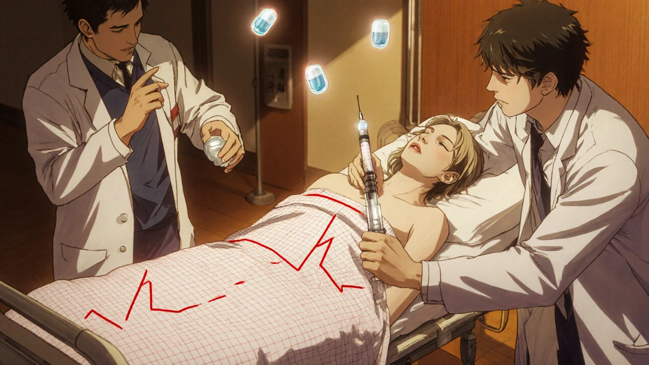 Emergency medical team treating a patient with a sine wave ECG, glowing potassium binders nearby.