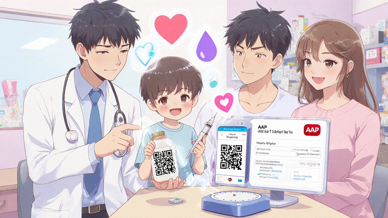 Family in pediatric office with QR code projecting dosing video, pharmacist guiding them