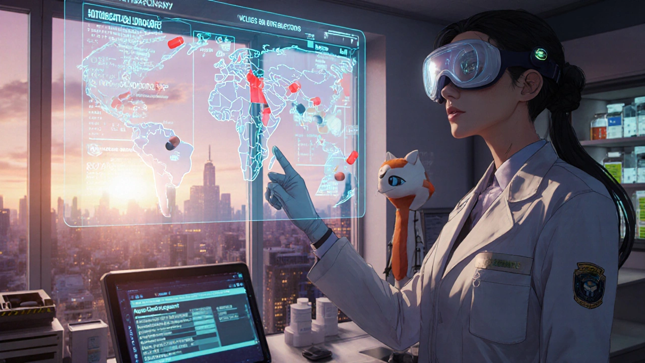 Futuristic pharmacy with holographic drug interactions and AI assistant, under a rising sun.
