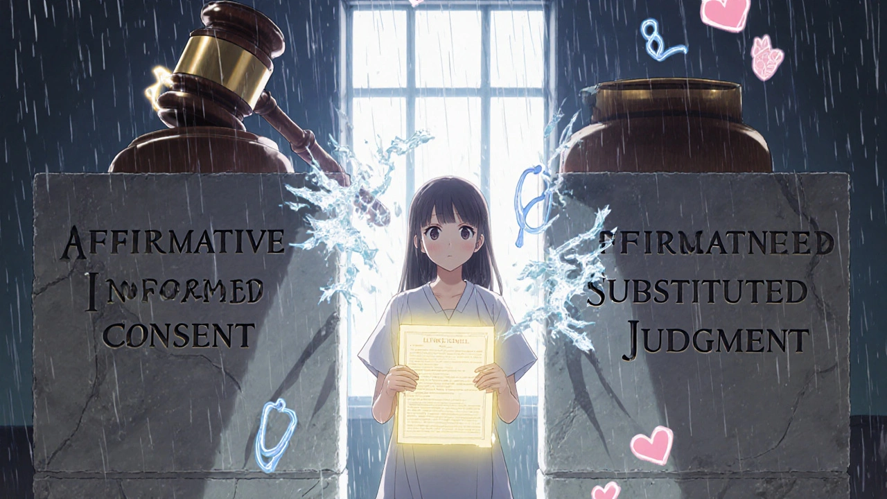 Giant affirmative consent gavel breaking against wall of medical consent laws, patient holding living will in glowing light.